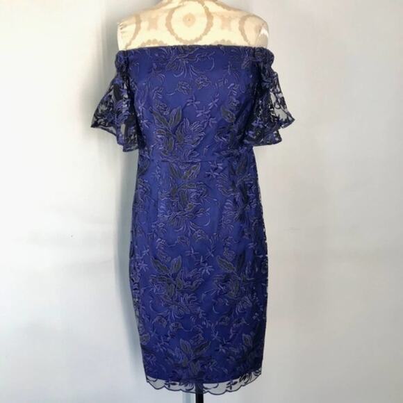 Trina Turk Blue Black Lace Off The Shoulder Sheath Dress Size 2 New - Picture 5 of 9